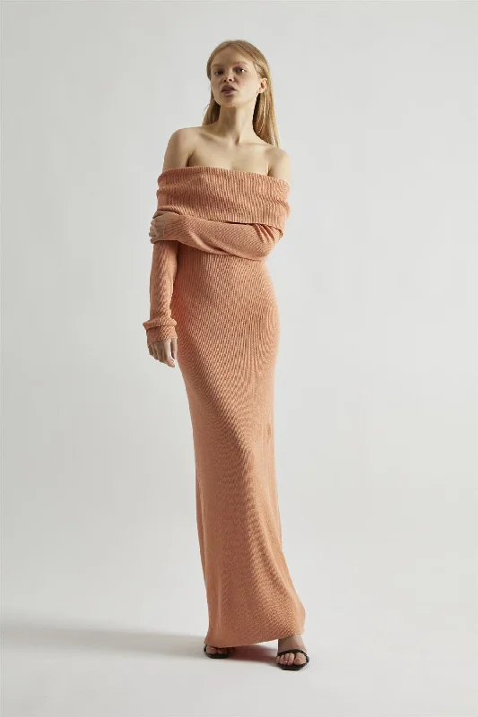 Dusty-Peach Glitter Knitted Bardot Maxi-Dress