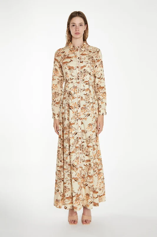 Tan Multi Blossom Long-Sleeve Maxi Shirt-Dress