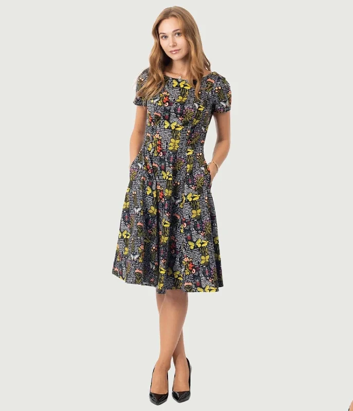 Black & Botanical Butterfly Print Swing Dress