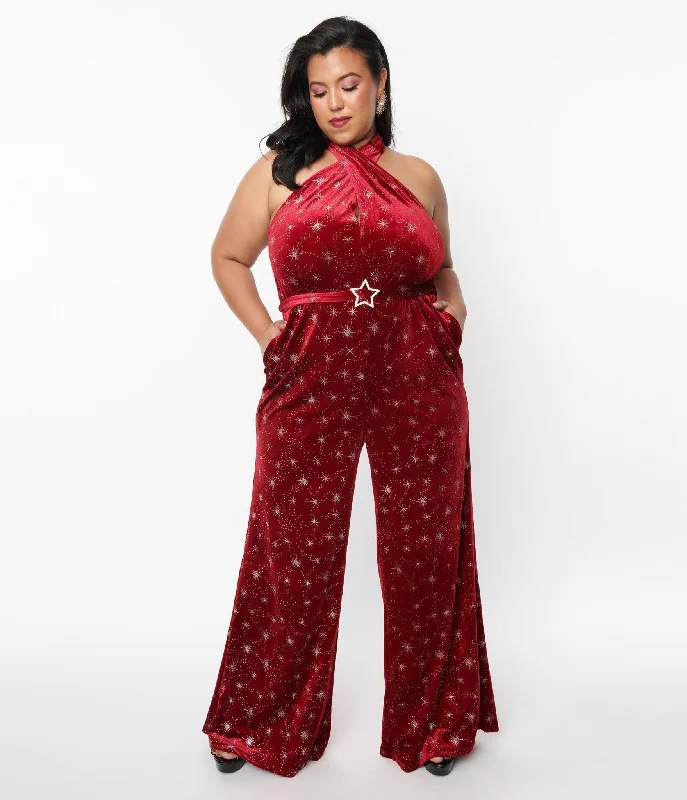 Smak Parlour 1970s Red & Silver Star Velvet Draped Darling Jumpsuit