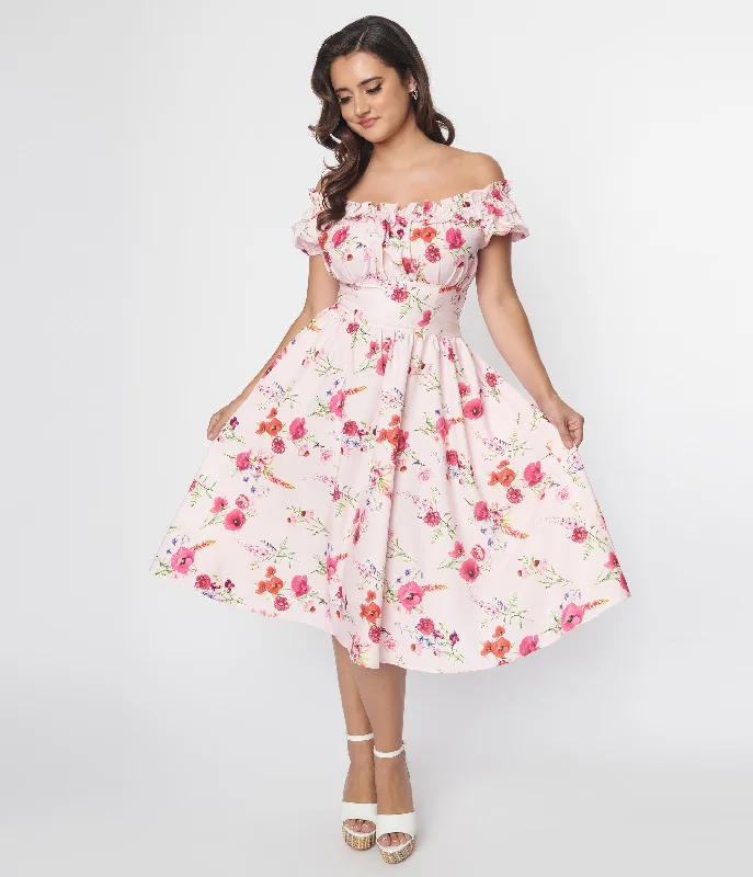 Unique Vintage 1950s Pink Floral Off the Shoulder Ruffle Swing Dress