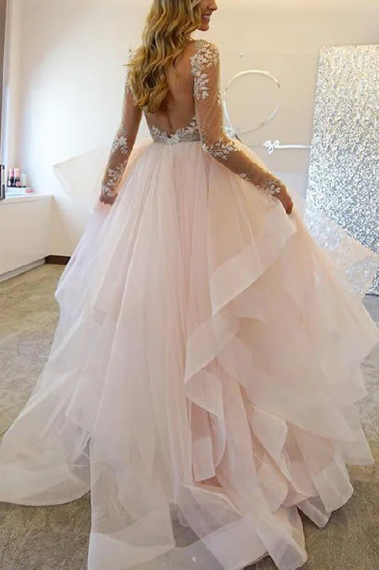 Elegant A-Line Long Sleeves Tulle Backless Pink Wedding Dress With Appliques OK543