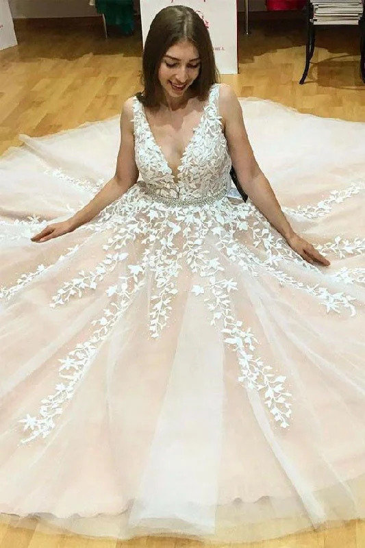 Elegant A-Line V-Neck Long Tulle Backless Wedding Dresses with Beading Appliques OK561