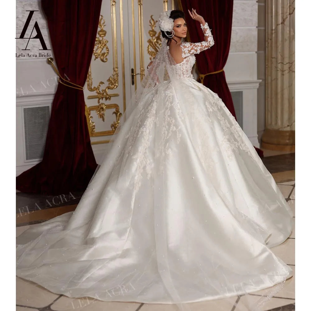 Ball Gown Wedding Dress Long Sleeve Satin Court Train