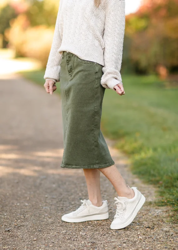 Olive Denim Midi Skirt