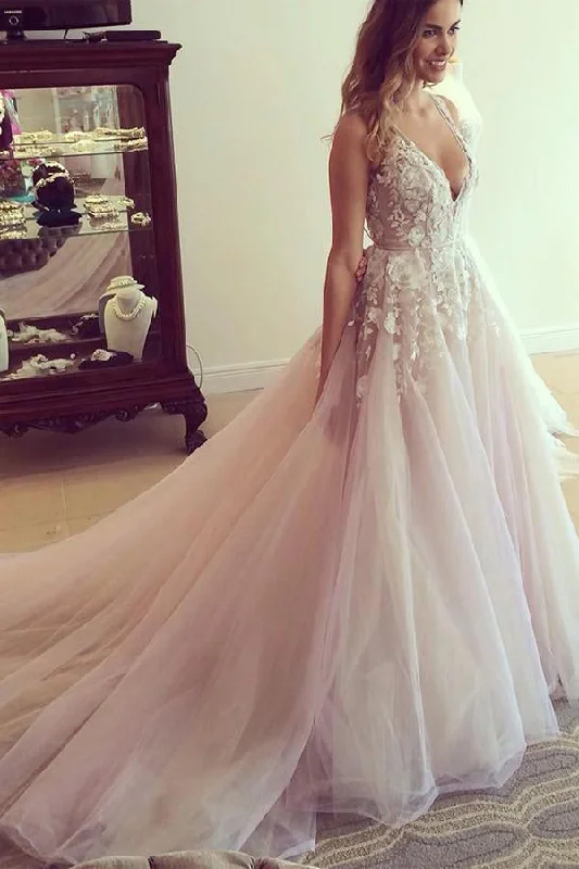 Spaghetti Straps V-neck Long Tulle Wedding Dress Prom Dresses with Appliques OK547