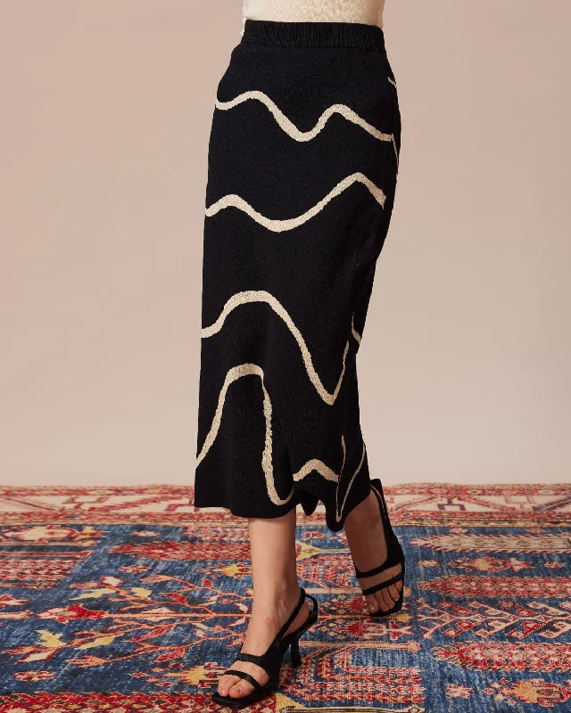 The Black Colorblock Wave Knit Midi Skirt