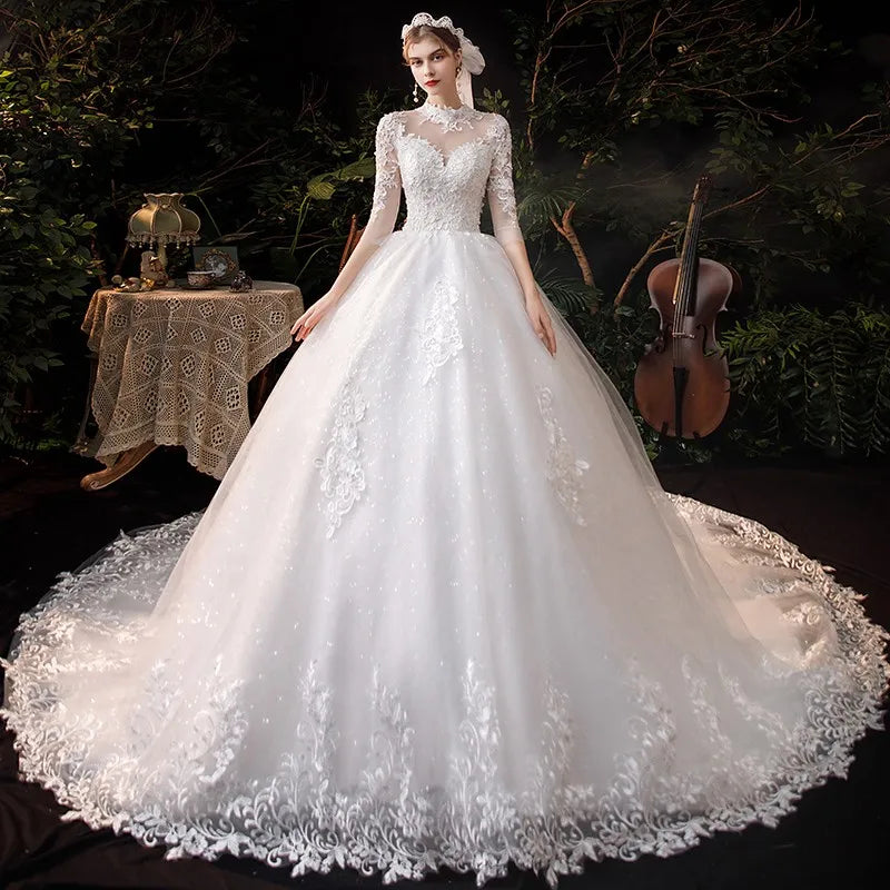 Wedding Dress Three Quarter Sleeve High Neck Luxury 1m Long Train Ball Gown