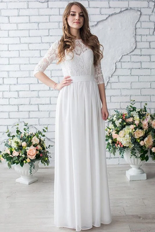 White Long Half Sleeve Chiffon Wedding Dress,Lace Beach Floor-Length Bridal Dresses OK618